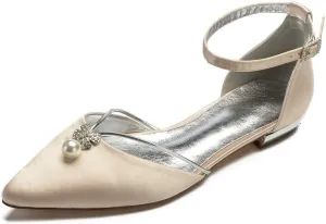 Womens Sandals Pointed Toe Pearl Satin Ballet Elegant Ankle Strap Flats Bridal Bridesmaid Wedding Prom Shoes