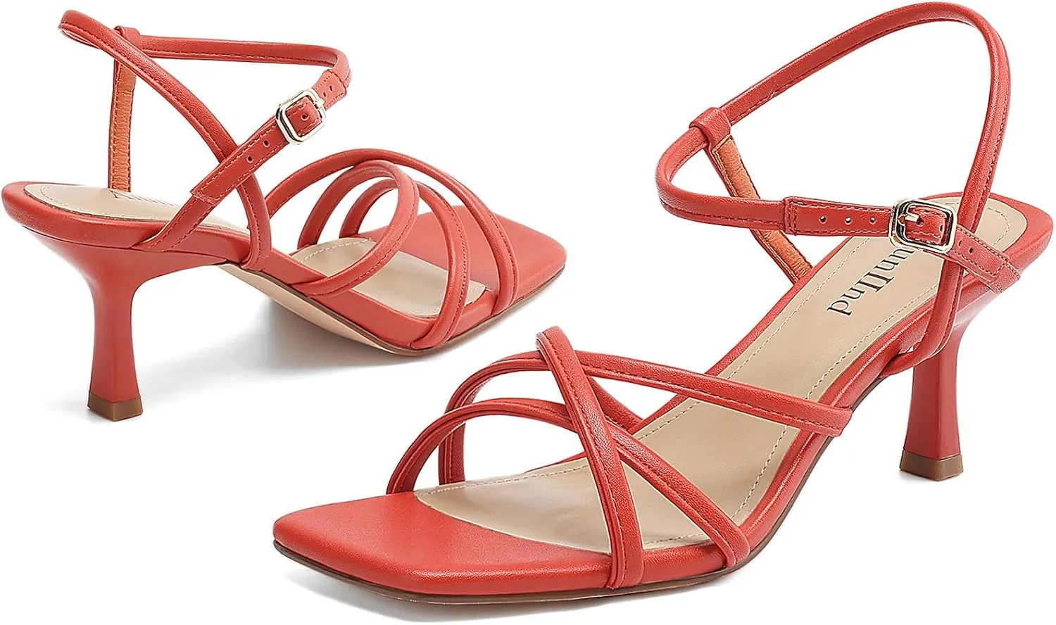 Women's Sandals Square Open Toe Kitten Heels Strappy Ankle Strap Heeled Sandals for Women Comfy Weddings Shoes