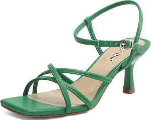 Women's Sandals Square Open Toe Kitten Heels Strappy Ankle Strap Heeled Sandals for Women Comfy Weddings Shoes