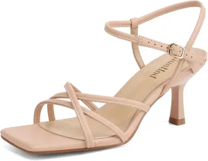 Women's Sandals Square Open Toe Kitten Heels Strappy Ankle Strap Heeled Sandals for Women Comfy Weddings Shoes