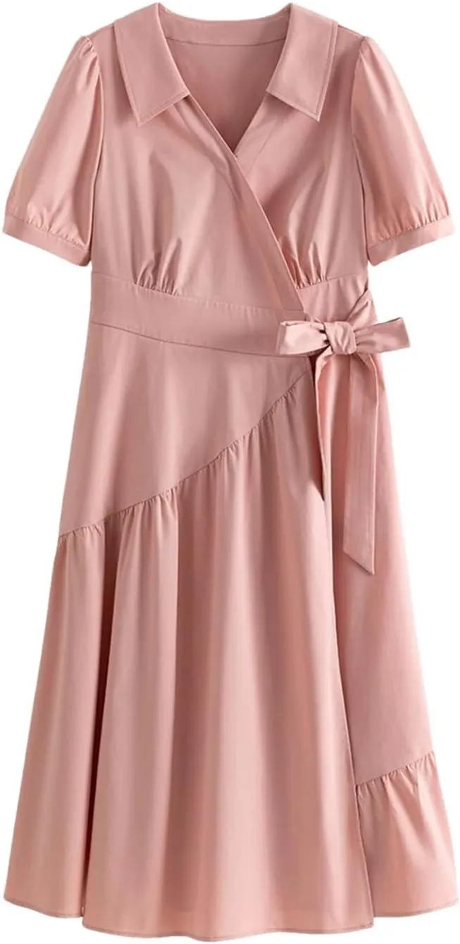 Women's Short Sleeve High Waist Flowy Midi Dress 2025 Summer Boho Elegant Swing Dress