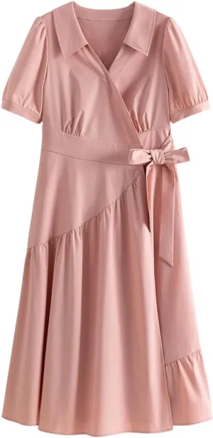 Women's Short Sleeve High Waist Flowy Midi Dress 2025 Summer Boho Elegant Swing Dress