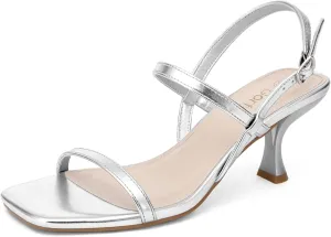 Womens Silver Strappy Heels Square Open Toe Kitten Heels Low Heel Sandals Elegant Wedding Party Summer Dressy Shoes Silver Size 7