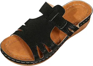 Women's Slide Sandals Orthopedic Low Wedge Heels Sandal Open Toe T-Strap Hollow Out Slip On Slides Ladies Arch Support Summer Comfy Slippers Casual Shoes Recovery Mules Wide Shoe for Daily Wear