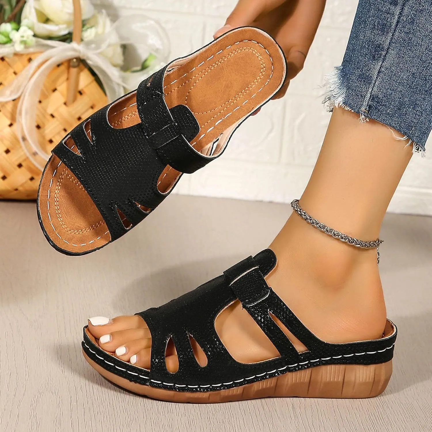 Women's Slide Sandals Orthopedic Low Wedge Heels Sandal Open Toe T-Strap Hollow Out Slip On Slides Ladies Arch Support Summer Comfy Slippers Casual Shoes Recovery Mules Wide Shoe for Daily Wear