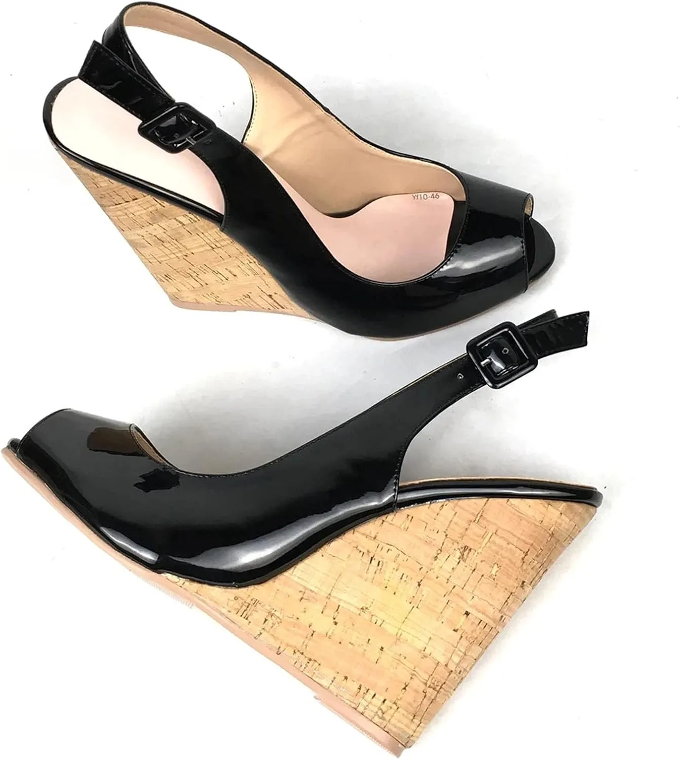 Women's Slingback Wedge Sandals, Black White Patent Summer Casual