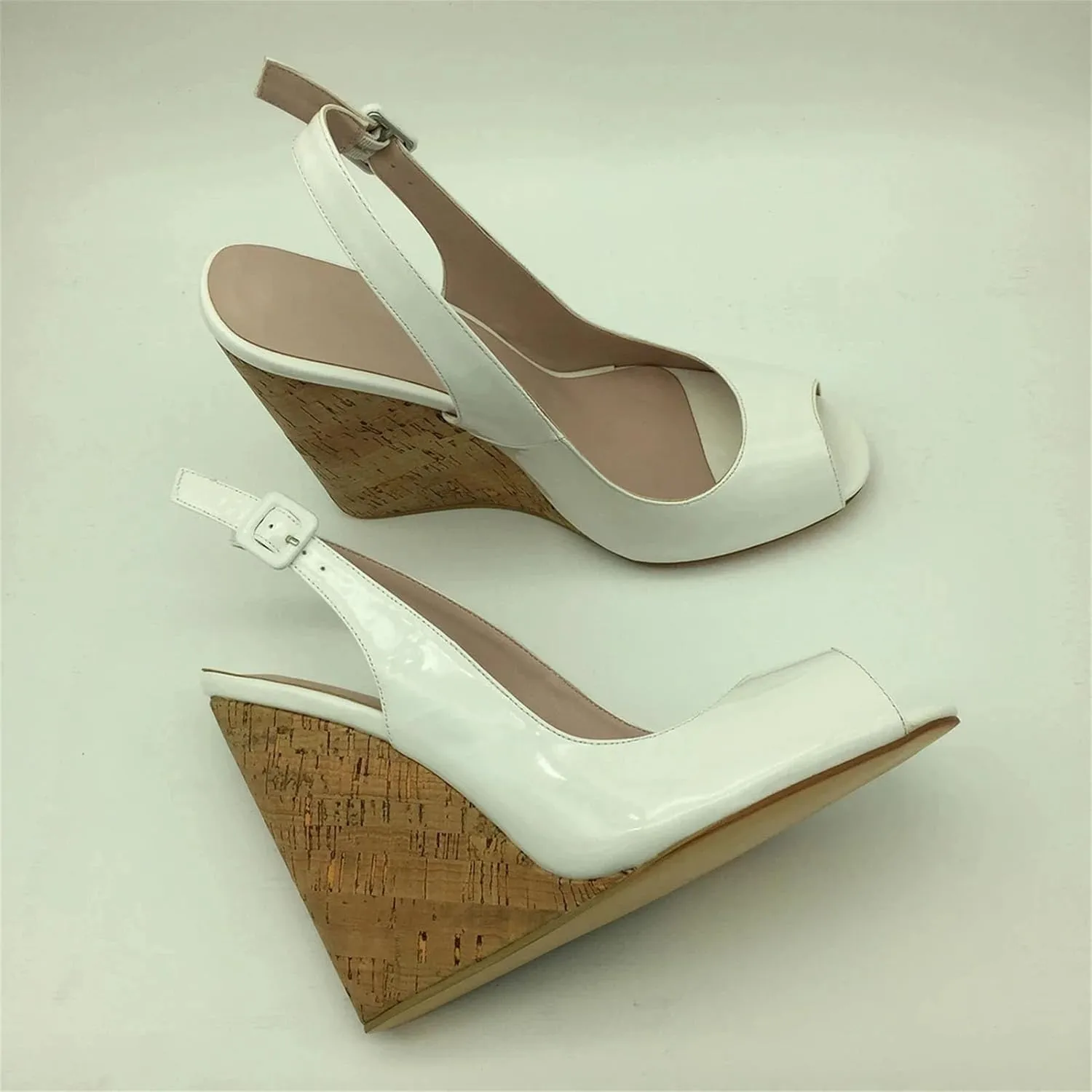 Women's Slingback Wedge Sandals, Black White Patent Summer Casual