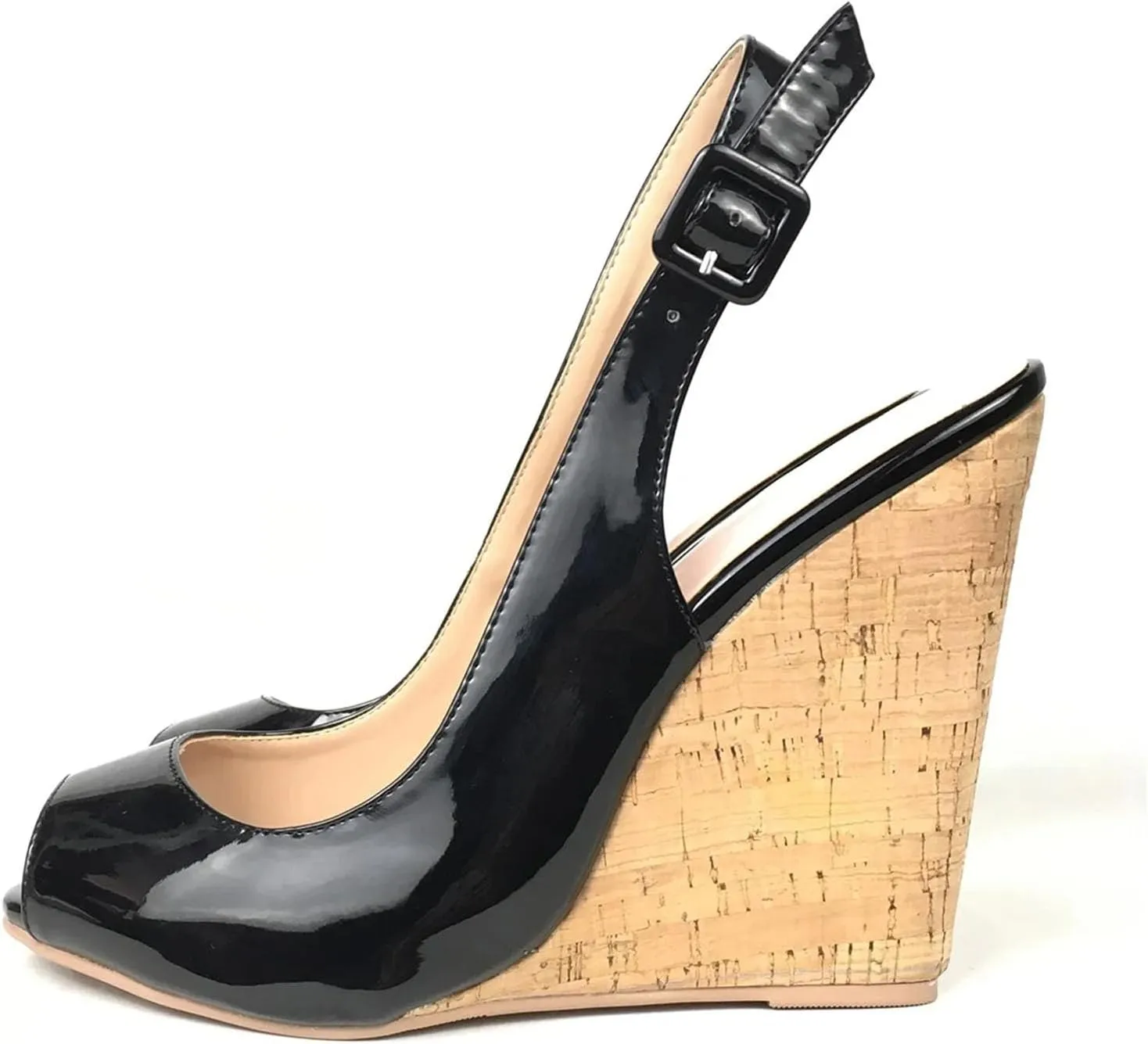 Women's Slingback Wedge Sandals, Black White Patent Summer Casual