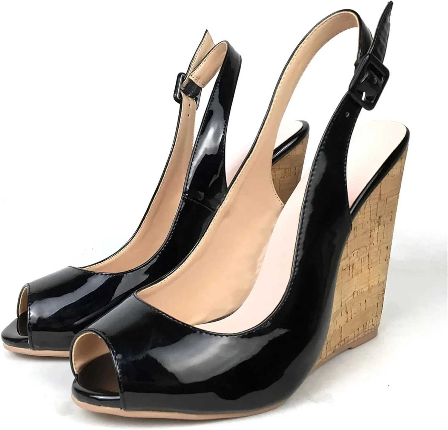 Women's Slingback Wedge Sandals, Black White Patent Summer Casual