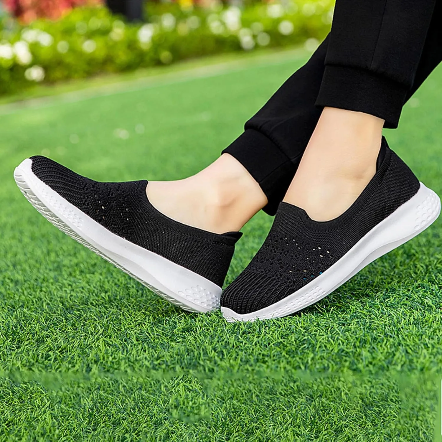 Women's Slip On Mesh Knit Flat Soft Sole Walking Shoes,Summer Non-Slip Breathable Athletic Comfortable Work Memory Foam Lightweight Flat Loafer Nurse Mom Shoes Sneakers