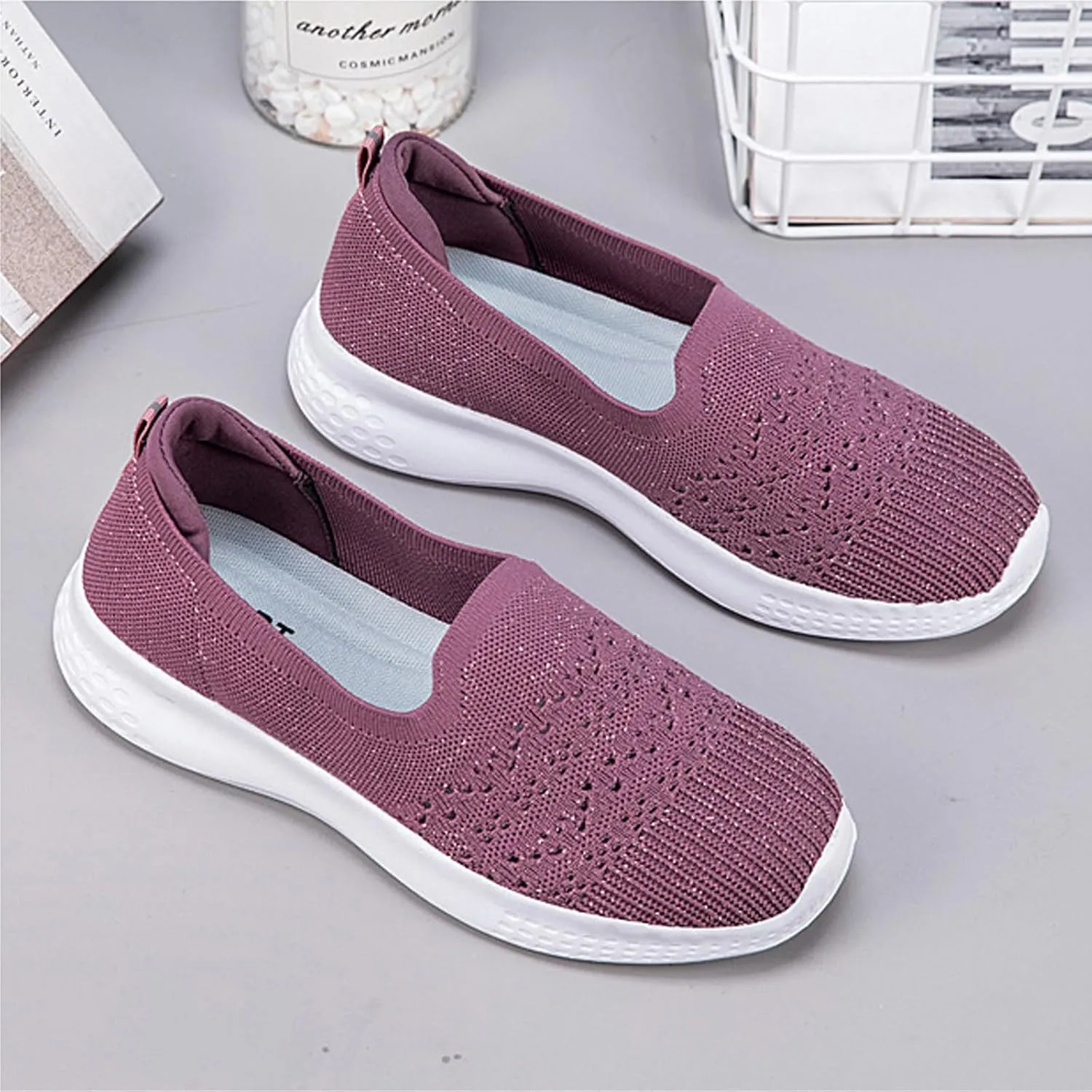 Women's Slip On Mesh Knit Flat Soft Sole Walking Shoes,Summer Non-Slip Breathable Athletic Comfortable Work Memory Foam Lightweight Flat Loafer Nurse Mom Shoes Sneakers