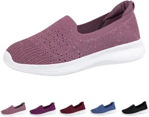 Women's Slip On Mesh Knit Flat Soft Sole Walking Shoes,Summer Non-Slip Breathable Athletic Comfortable Work Memory Foam Lightweight Flat Loafer Nurse Mom Shoes Sneakers