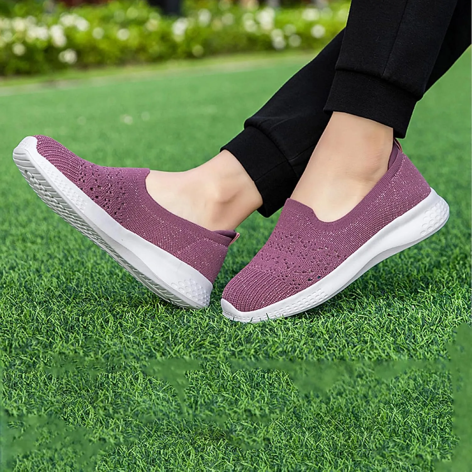 Women's Slip On Mesh Knit Flat Soft Sole Walking Shoes,Summer Non-Slip Breathable Athletic Comfortable Work Memory Foam Lightweight Flat Loafer Nurse Mom Shoes Sneakers