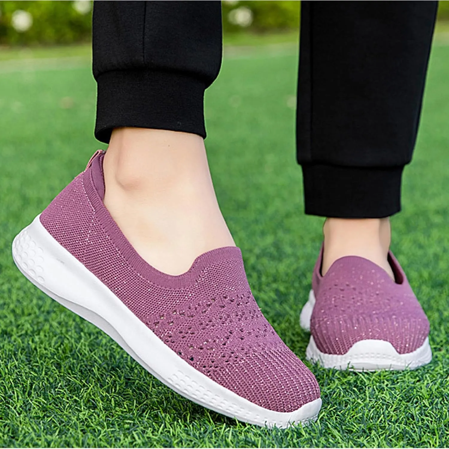 Women's Slip On Mesh Knit Flat Soft Sole Walking Shoes,Summer Non-Slip Breathable Athletic Comfortable Work Memory Foam Lightweight Flat Loafer Nurse Mom Shoes Sneakers