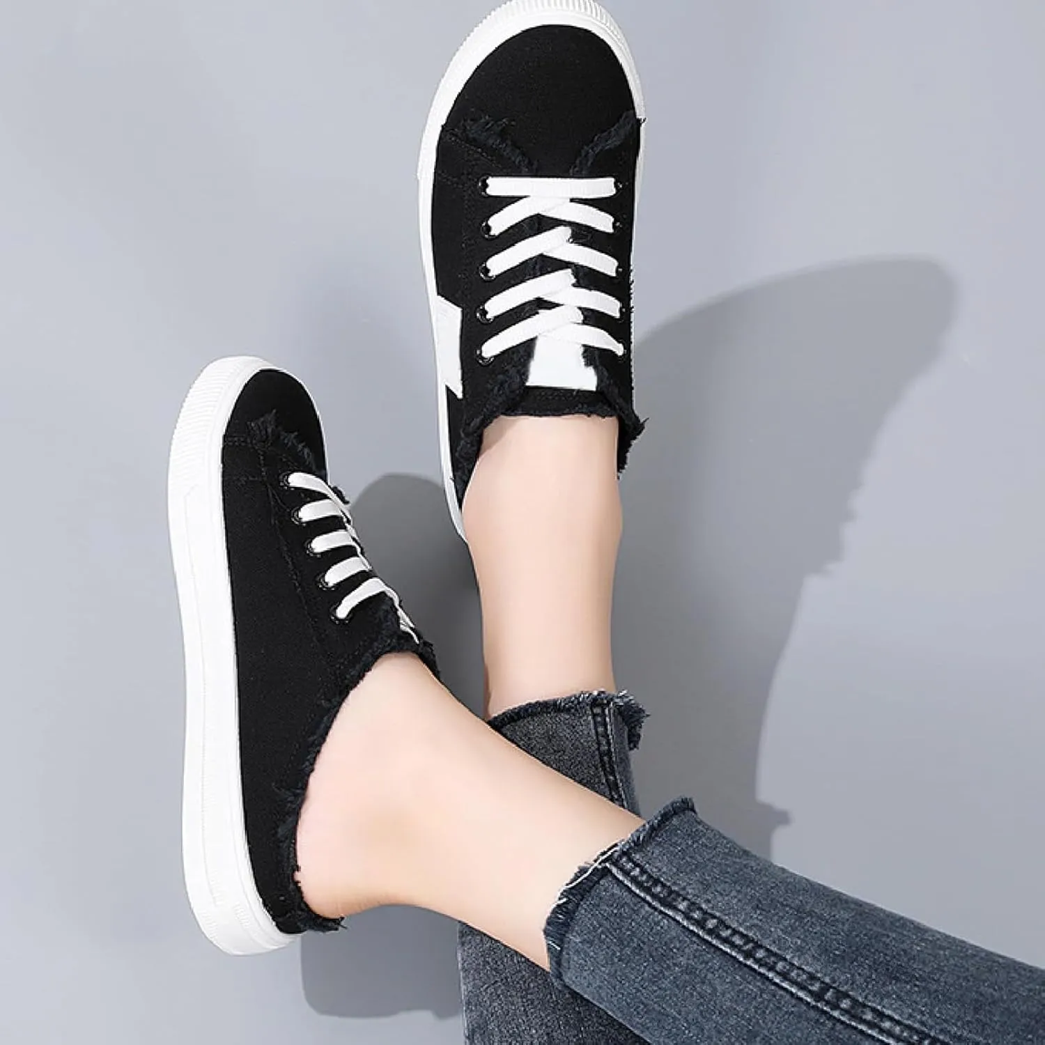 Women's Slip on Sneakers Comfortable Canvas Mules Shoes Casual Lace-Up Backless Shoe Fashion Closed Toe Walking Shoes Lightweight Non Slip Flats Summer Beach Sneaker