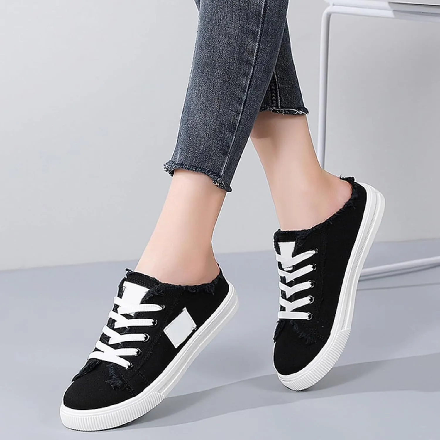 Women's Slip on Sneakers Comfortable Canvas Mules Shoes Casual Lace-Up Backless Shoe Fashion Closed Toe Walking Shoes Lightweight Non Slip Flats Summer Beach Sneaker