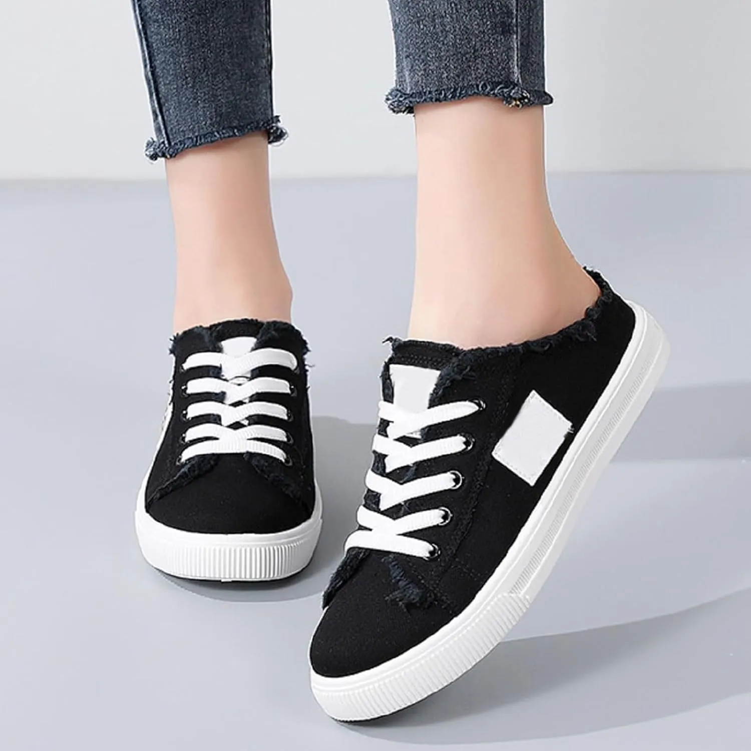 Women's Slip on Sneakers Comfortable Canvas Mules Shoes Casual Lace-Up Backless Shoe Fashion Closed Toe Walking Shoes Lightweight Non Slip Flats Summer Beach Sneaker