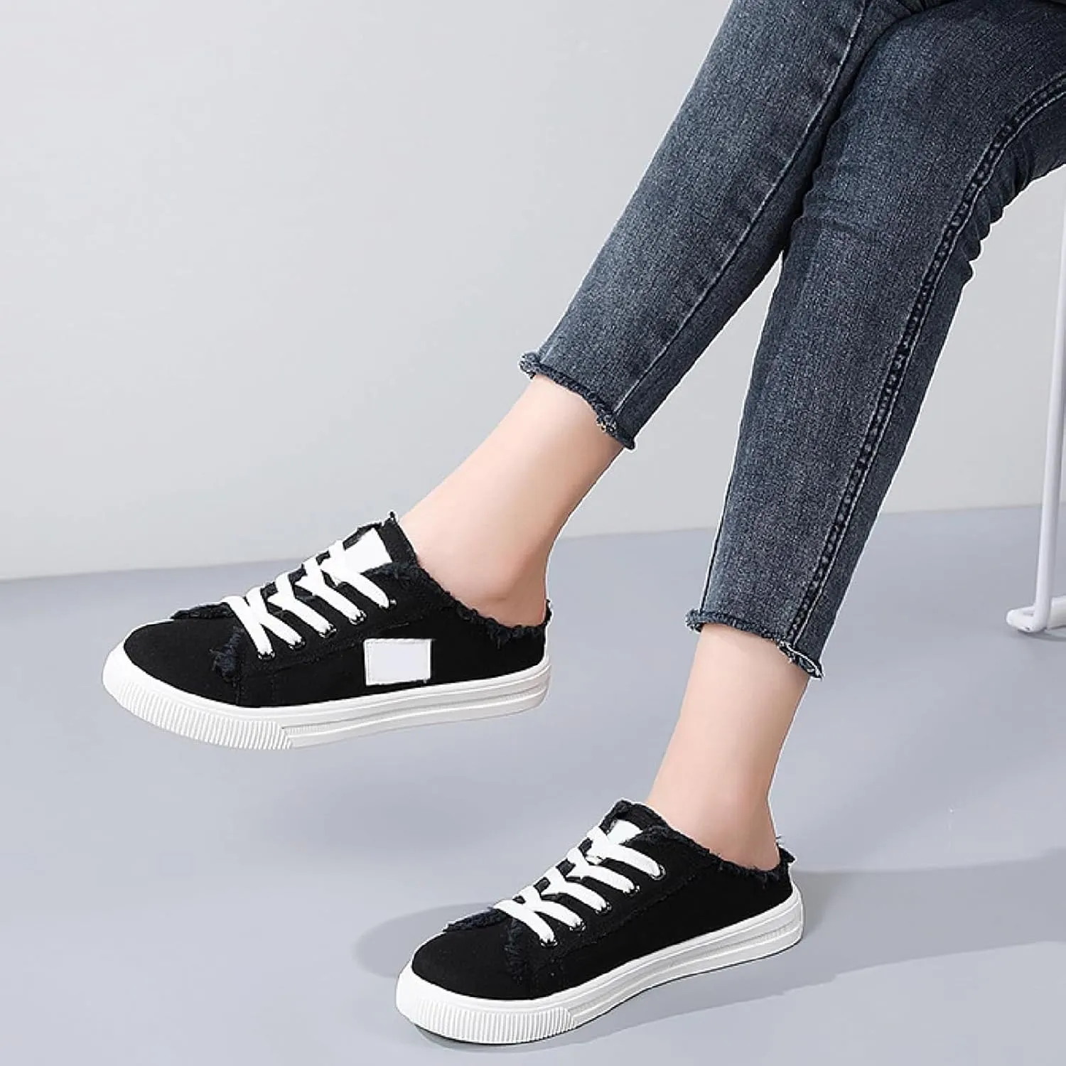 Women's Slip on Sneakers Comfortable Canvas Mules Shoes Casual Lace-Up Backless Shoe Fashion Closed Toe Walking Shoes Lightweight Non Slip Flats Summer Beach Sneaker
