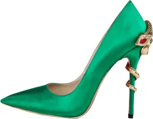 Women's Snake Heel Pumps, Rhinestone Satin Stiletto Party Catwalk