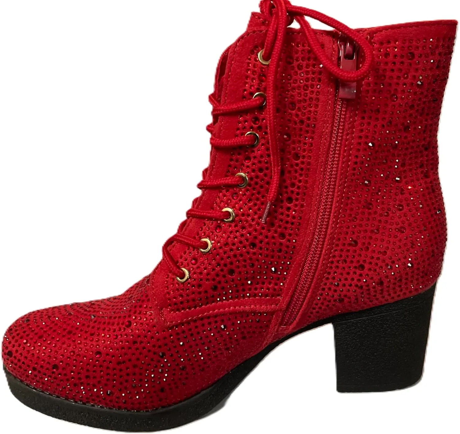 Women's Sparkly Rhinestone Ankle Boots, Black Lace-Up, Block Heel