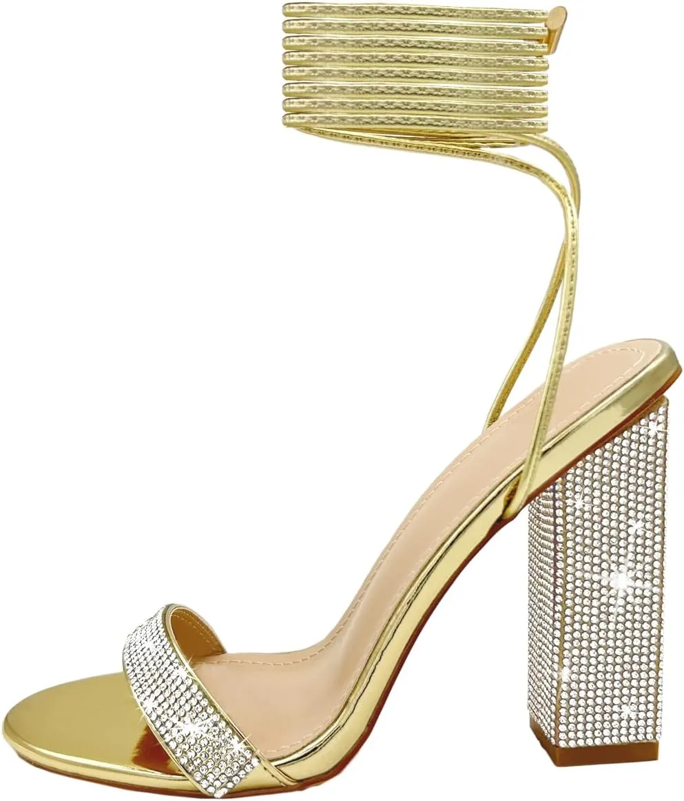 Women's Sparkly Rhinestones Sandals for Women Ankle Strappy Chunky Block Heels Sandals