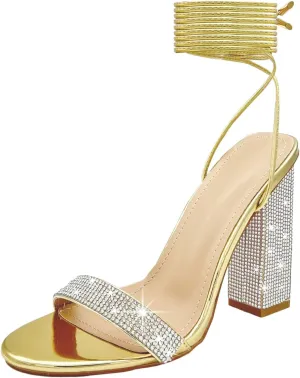 Women's Sparkly Rhinestones Sandals for Women Ankle Strappy Chunky Block Heels Sandals