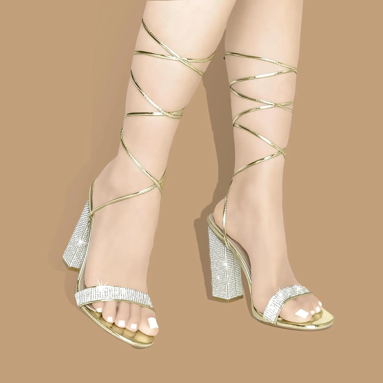 Women's Sparkly Rhinestones Sandals for Women Ankle Strappy Chunky Block Heels Sandals