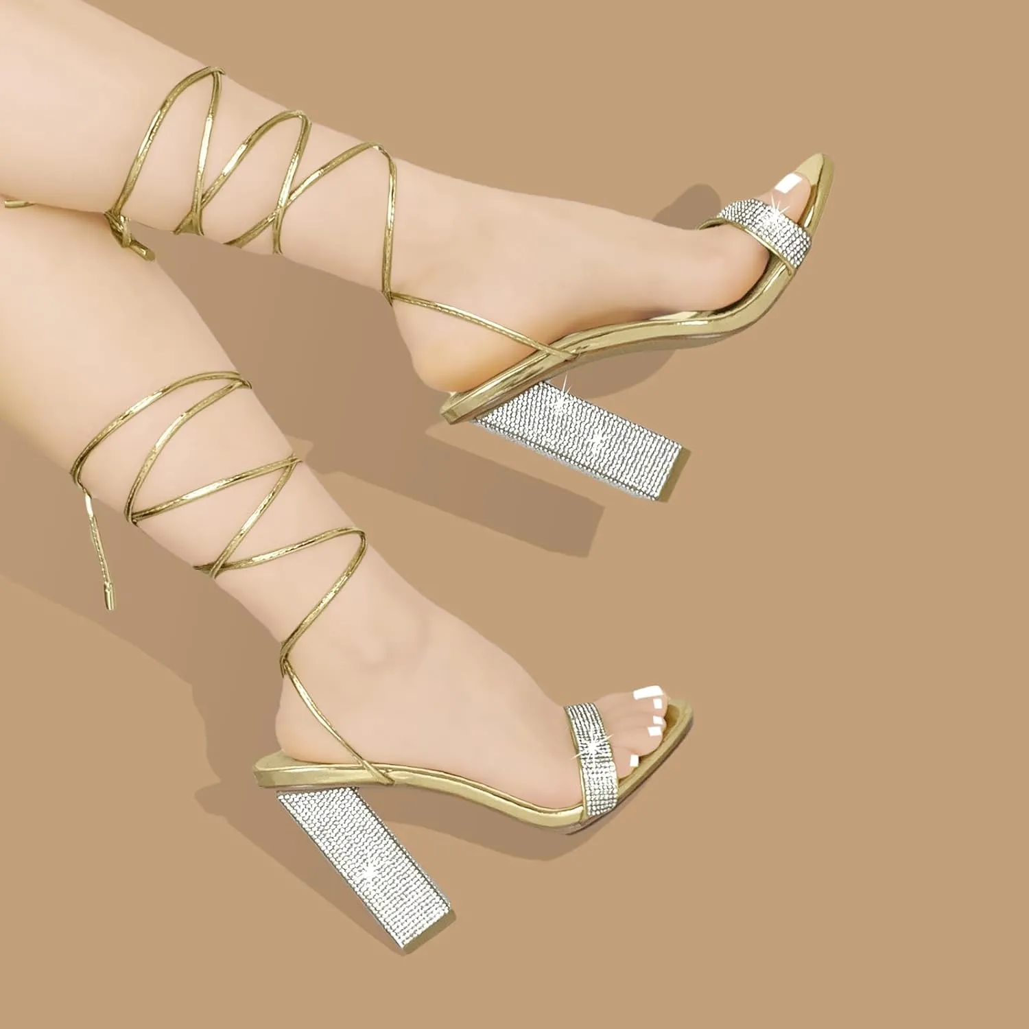 Women's Sparkly Rhinestones Sandals for Women Ankle Strappy Chunky Block Heels Sandals