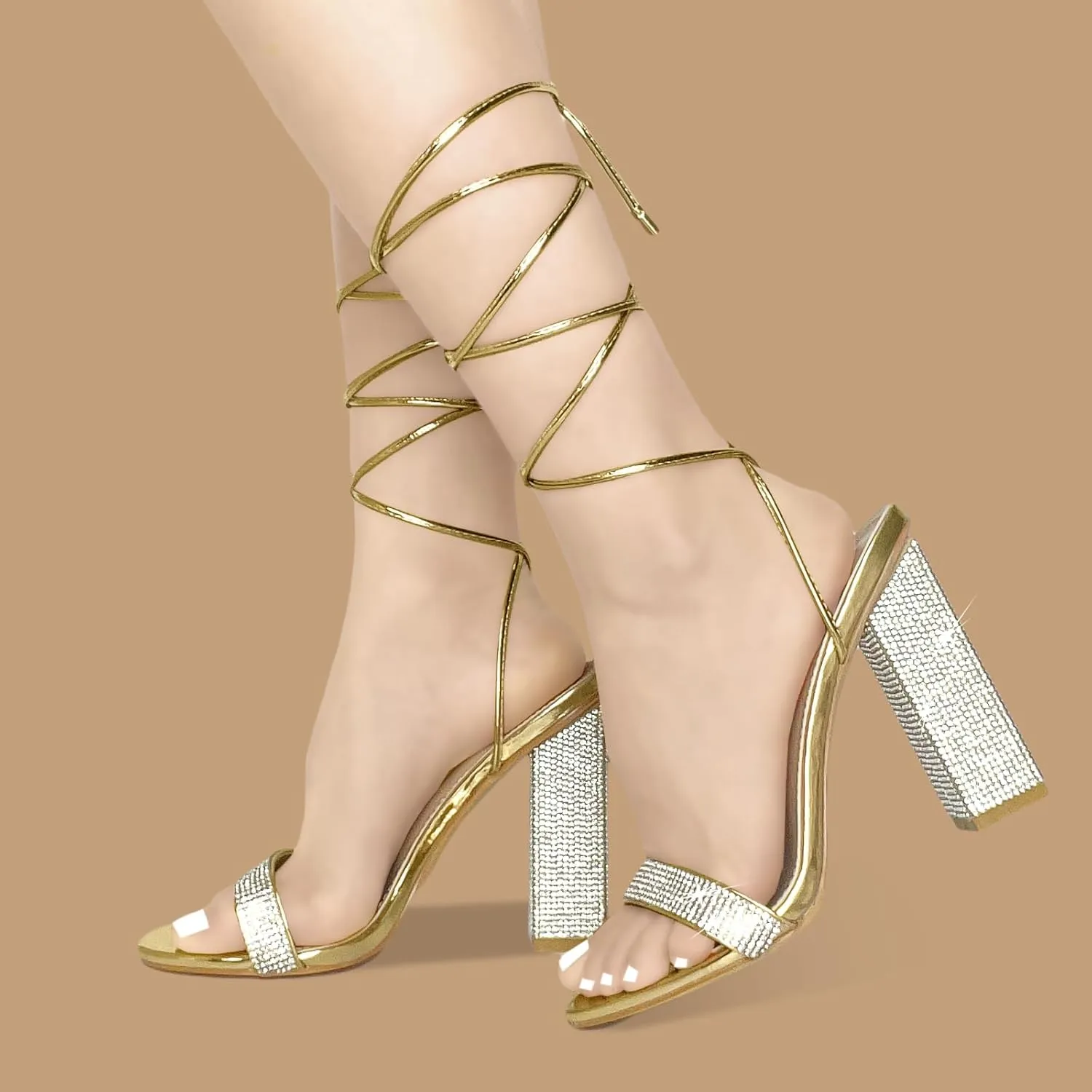 Women's Sparkly Rhinestones Sandals for Women Ankle Strappy Chunky Block Heels Sandals