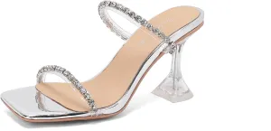 Women's Square Open Toe Slip-On Slide Rhinestone Strap Pumps High Kitten Flare Heeled Sandals Strappy Classic Work Office Church Shoes Sexy Dating Dress Business Party Summer Heels