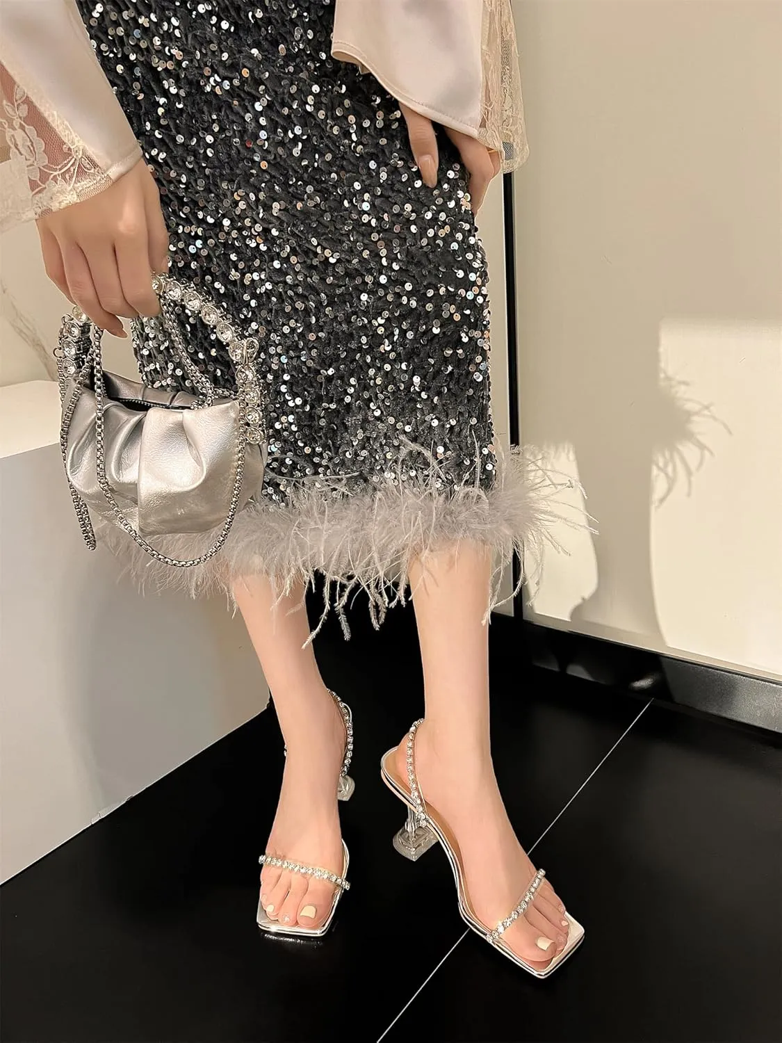 Women's Square Open Toe Slip-On Slide Rhinestone Strap Pumps High Kitten Flare Heeled Sandals Strappy Classic Work Office Church Shoes Sexy Dating Dress Business Party Summer Heels