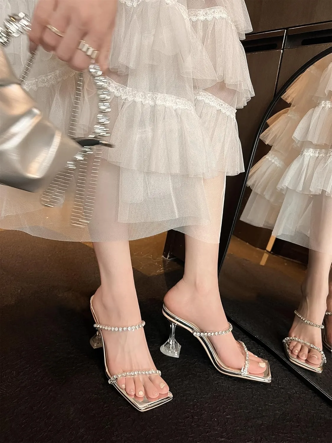 Women's Square Open Toe Slip-On Slide Rhinestone Strap Pumps High Kitten Flare Heeled Sandals Strappy Classic Work Office Church Shoes Sexy Dating Dress Business Party Summer Heels