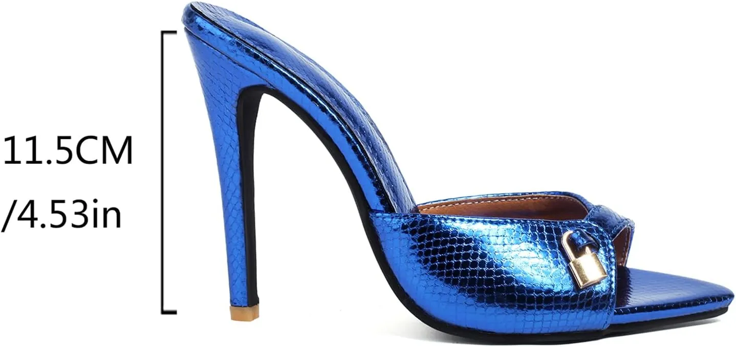 Women's Stiletto Heeled Mules Snakeskin Slip On Pointed Toe Metallic Lock Sandals