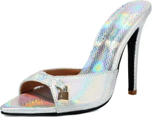 Women's Stiletto Heeled Mules Snakeskin Slip On Pointed Toe Metallic Lock Sandals