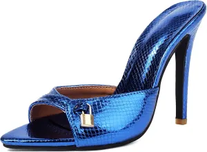 Women's Stiletto Heeled Mules Snakeskin Slip On Pointed Toe Metallic Lock Sandals