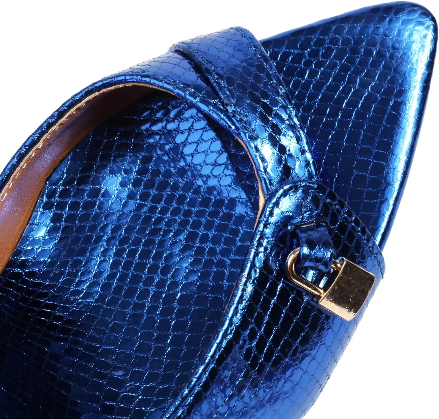 Women's Stiletto Heeled Mules Snakeskin Slip On Pointed Toe Metallic Lock Sandals