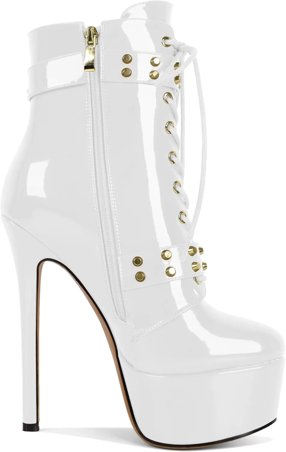 Womens Stiletto High Heel Platform Ankle Boots Round Toe Lace-up Zipper Mid Calf Buckle Patent Leather 6 Inch Sexy Booties