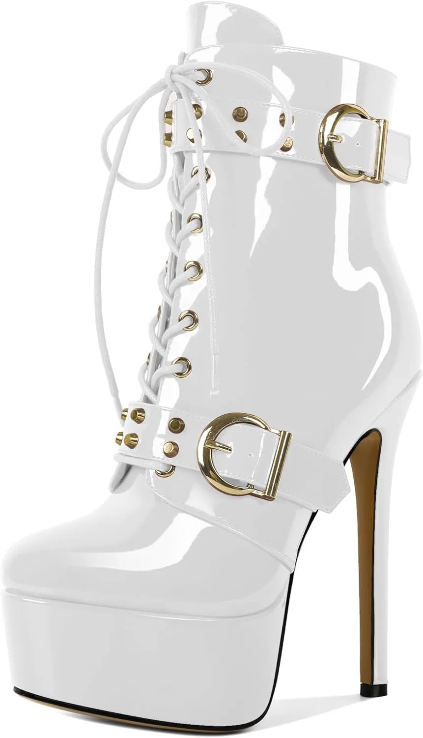 Womens Stiletto High Heel Platform Ankle Boots Round Toe Lace-up Zipper Mid Calf Buckle Patent Leather 6 Inch Sexy Booties