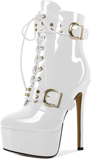 Womens Stiletto High Heel Platform Ankle Boots Round Toe Lace-up Zipper Mid Calf Buckle Patent Leather 6 Inch Sexy Booties