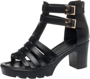 Women'S Strappy Chunky Wedge Heeled Roman Gladiator Sandals High Heels Gothic Platform Open Toe Caged Shoes With Adjust Studded Metal Buckle