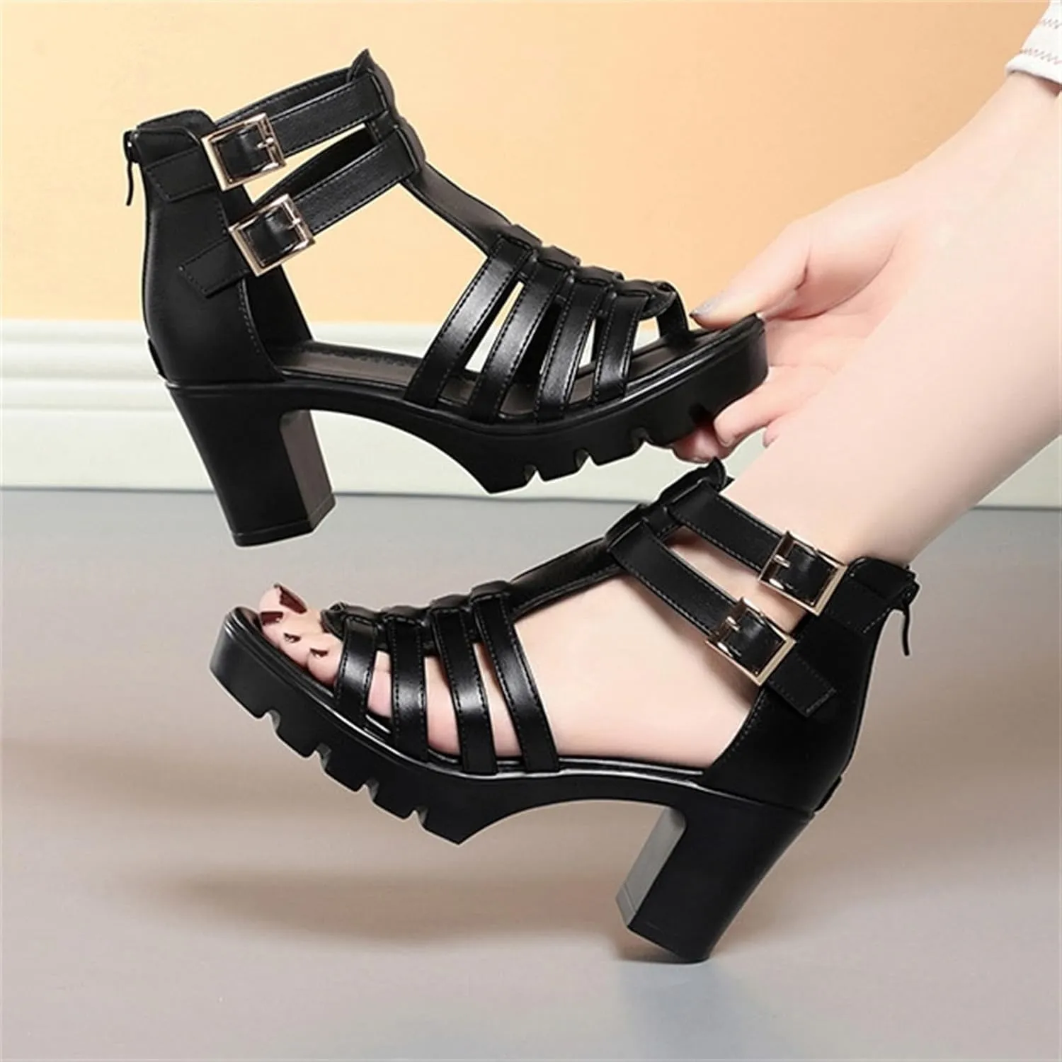 Women'S Strappy Chunky Wedge Heeled Roman Gladiator Sandals High Heels Gothic Platform Open Toe Caged Shoes With Adjust Studded Metal Buckle