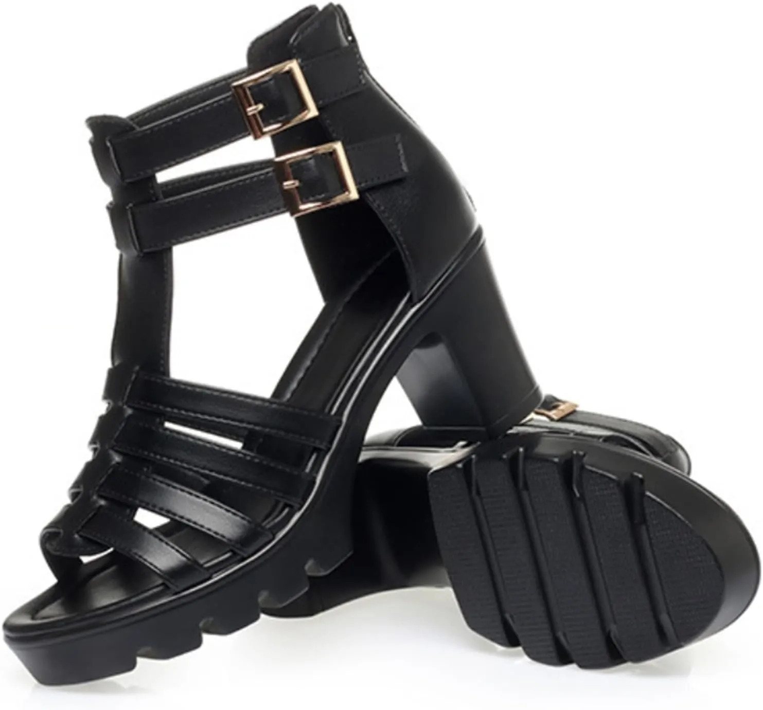 Women'S Strappy Chunky Wedge Heeled Roman Gladiator Sandals High Heels Gothic Platform Open Toe Caged Shoes With Adjust Studded Metal Buckle
