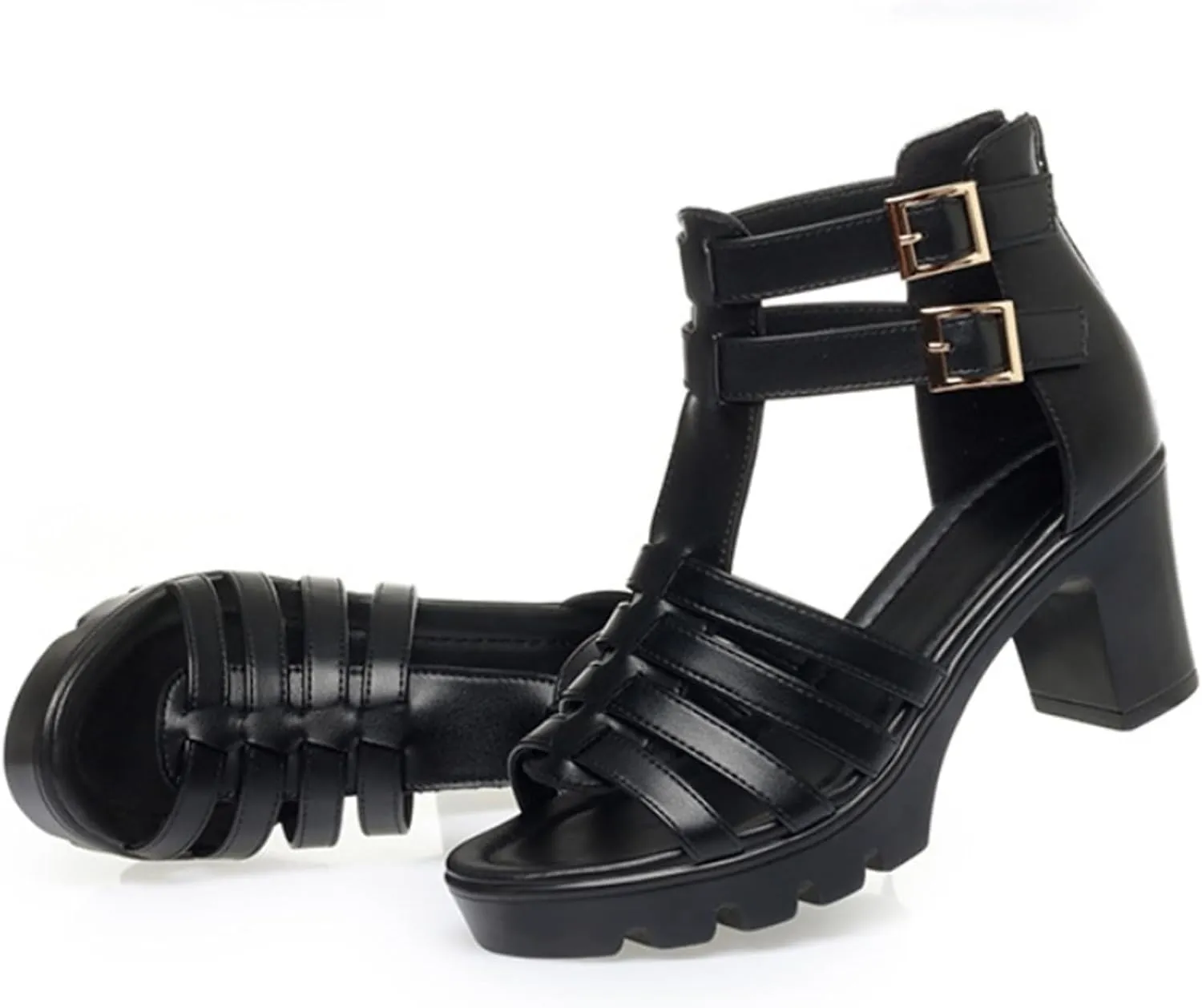 Women'S Strappy Chunky Wedge Heeled Roman Gladiator Sandals High Heels Gothic Platform Open Toe Caged Shoes With Adjust Studded Metal Buckle