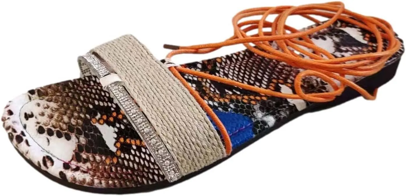 Women's Stylish Vintage Gladiator Sandal with Lacing Straps Casual Beach Woven Flat Sandals Trendy Outdoor Footwear