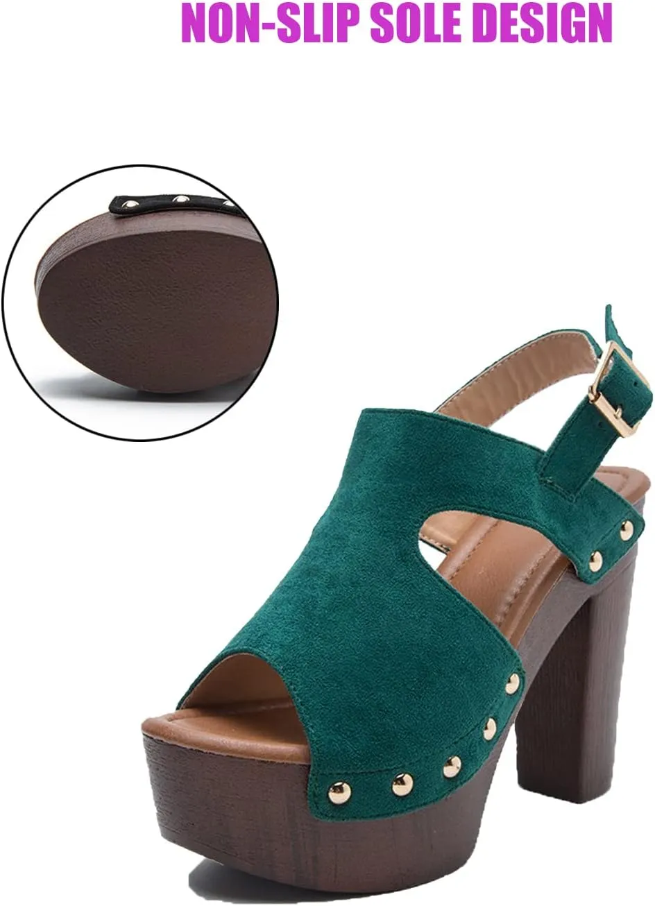 Women's Suede Studded Platform High Heel Sandals with Buckle Ankle Strap, Stylish and Comfortable Roman Block Heel Sandals