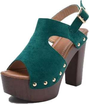 Women's Suede Studded Platform High Heel Sandals with Buckle Ankle Strap, Stylish and Comfortable Roman Block Heel Sandals