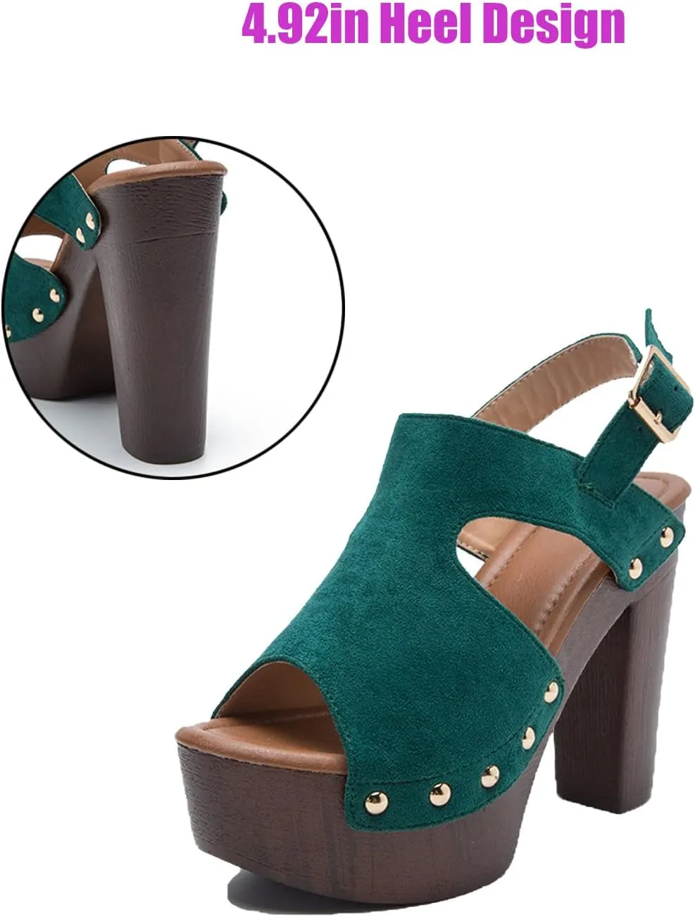 Women's Suede Studded Platform High Heel Sandals with Buckle Ankle Strap, Stylish and Comfortable Roman Block Heel Sandals
