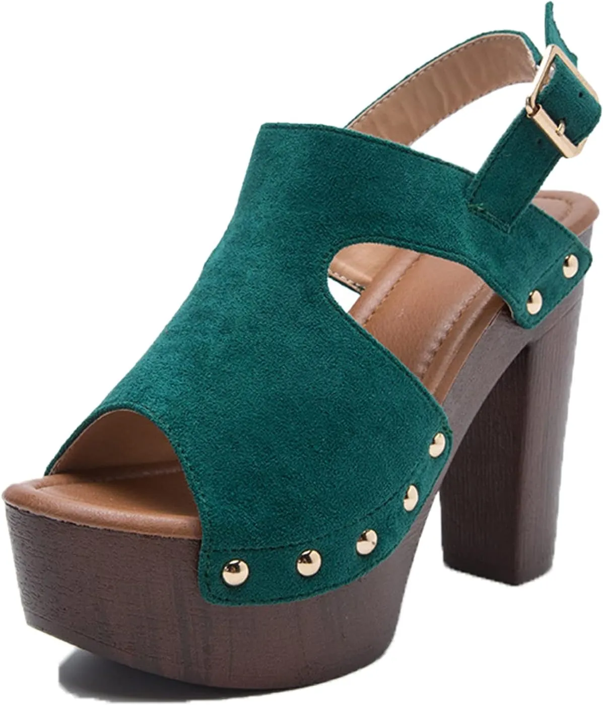 Women's Suede Studded Platform High Heel Sandals with Buckle Ankle Strap, Stylish and Comfortable Roman Block Heel Sandals