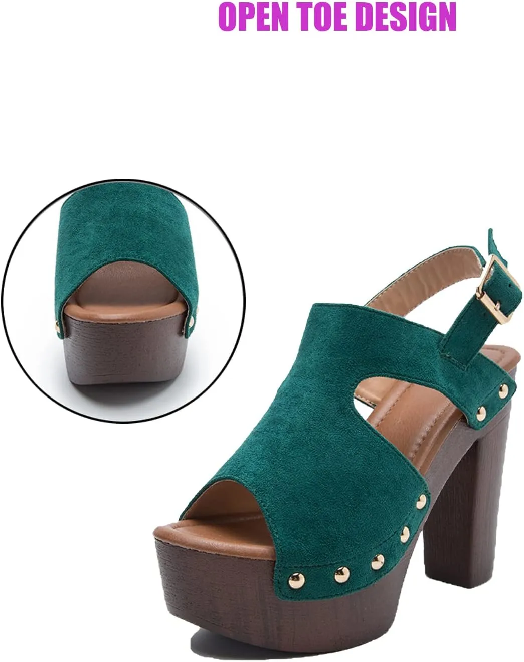 Women's Suede Studded Platform High Heel Sandals with Buckle Ankle Strap, Stylish and Comfortable Roman Block Heel Sandals