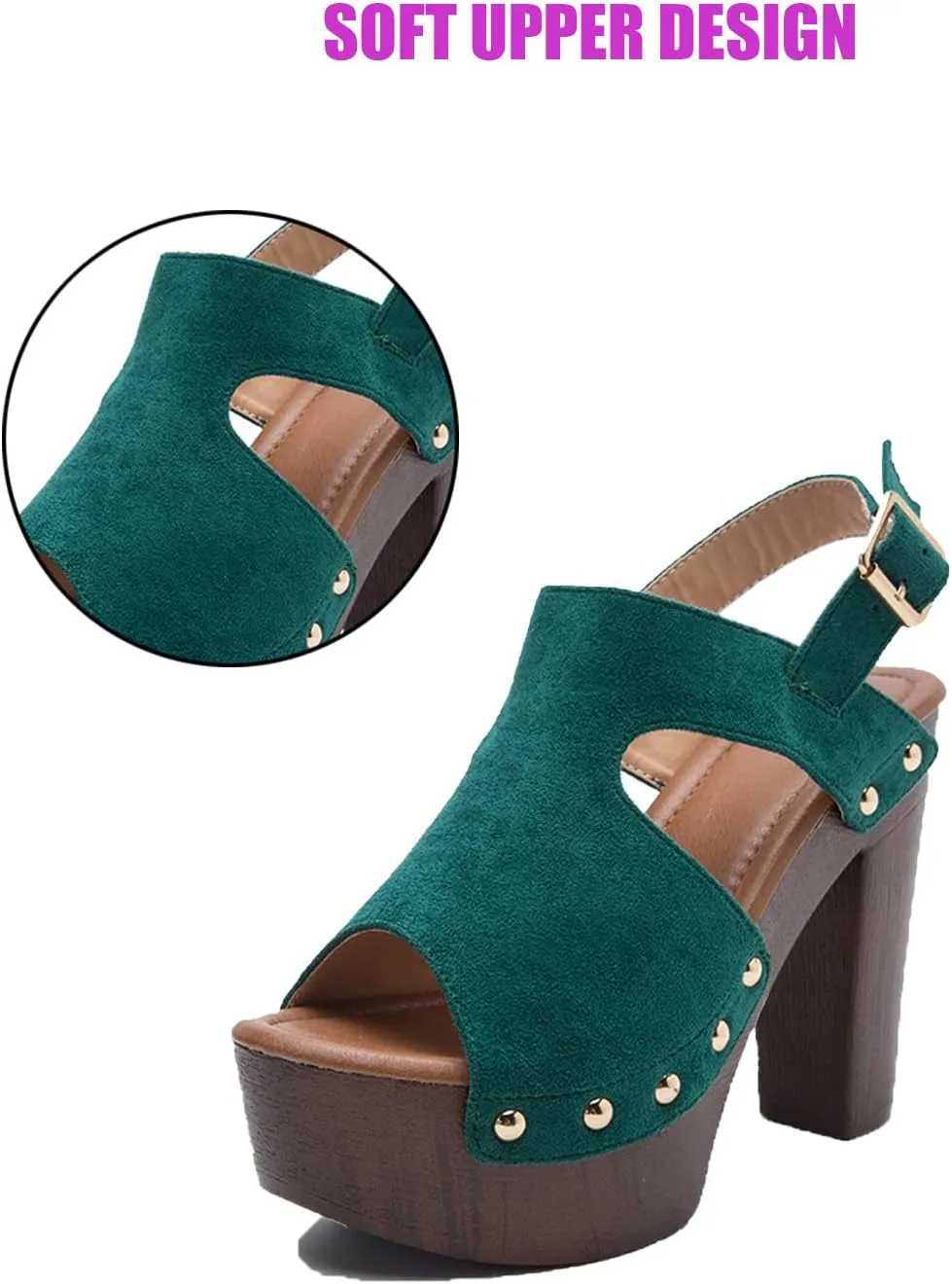 Women's Suede Studded Platform High Heel Sandals with Buckle Ankle Strap, Stylish and Comfortable Roman Block Heel Sandals